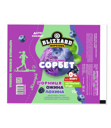 Морозиво Сорбет «Чорниця-ожина-лохина» у вафельному стаканчику 75 гр, ТМ Blizzard. (6 шт по 75 грам)