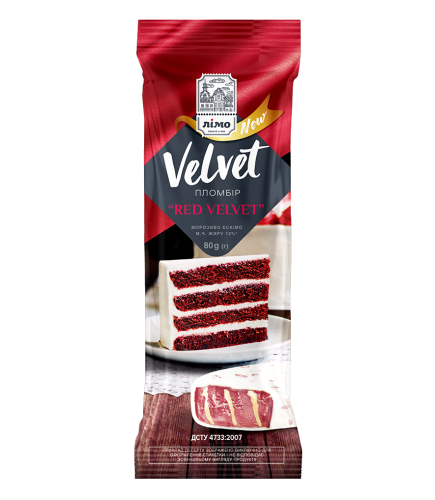 Морозиво ескімо пломбір «Velvet» «RED VELVET» з наповнювачем «Заварний крем» в кондитерській молочній білій глазурі, 80g (г) 25шт - Торгова марка «Лімо»