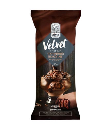 Морозиво ескімо пломбір «Velvet» шоколадний з наповнювачем «Шоколад» у чорній шоколадній  глазурі, 80g (г) 25 шт - Торгова марка «Лімо»